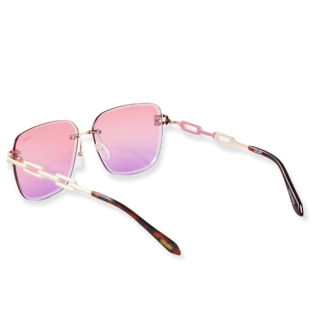 QUAY No Cap Sunglasses Gold Frame Pink Coral Fade Lens Oversized Rimless Chain - Picture 9 of 15